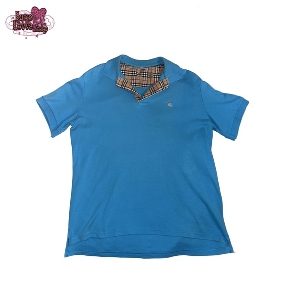 Burberry Men’s Polo Shirt in Vibrant Blue with Check Collar - Picture 1 of 8